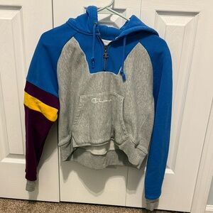 Vintage Champion Blue and Gray Cropped Hoodie